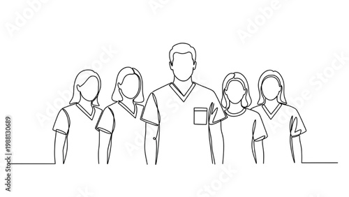Continuous line drawing of a doctor with four nurses standing together in a hospital
