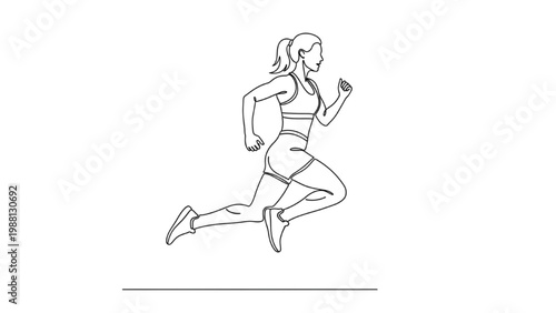 A woman running in a continuous line drawing style on the road.