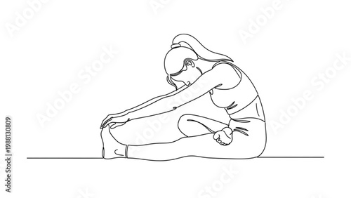 A continuous line drawing of a woman sitting on the floor.