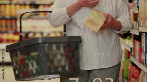 Senior grocery shopper picking, checking item with basket, starting, growing dollar, chart overlay
