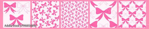 Set of Pink Ribbon Bow Seamless Patterns and Cute Girly Backgrounds