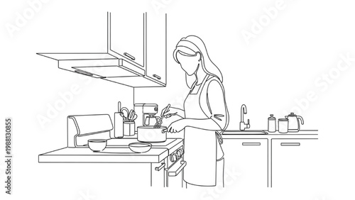 Woman prepares food in a kitchen using continuous line drawing style