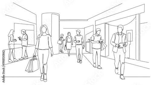 Continuous line drawing of people walking in a busy office lobby.