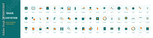 SaaS ecosystem icon set, 54 flat vector icons for software as a service. Teal and orange business technology symbols for web development and digital marketing.