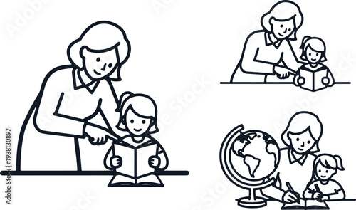 Teacher and student reading book together, education and learning, globe and desk.