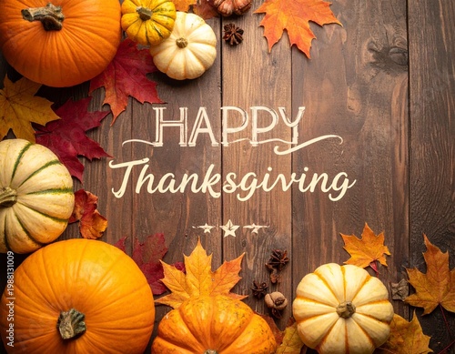 Happy Thanksgiving Greeting with Pumpkins, Autumn Maple Leaves, and Berries on Rustic Wood Background