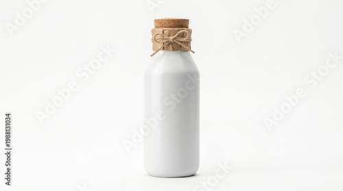 Clear glass bottle with cork stopper filled with white liquid, isolated on white