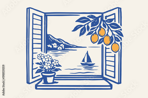 Mediterranean window view doodle vector illustration with lemons, sailboat and coastal landscape scene