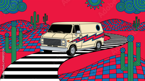 Vintage 70s Van on Striped Road with Checkered Desert Dunes Pop Surrealism Flat Illustration with Bold Outlines