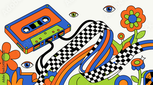 Retro Audio Cassette Tape with Unraveling Checkered Magnetic Path Pop Surrealism Flat Illustration with Bold Outlines