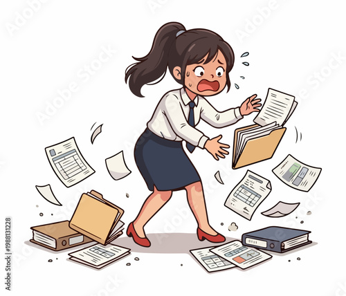 Adorable girl in business attire accidentally falling and scattering papers, cartoon character design, flat vector