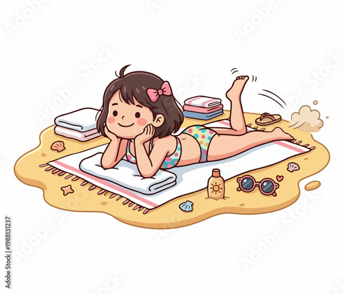 Cute little girl in bikini sunbathing on a sandy beach, summer vacation concept, 2D vector illustration