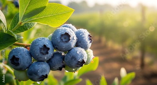 Ripe Blueberries on a Branch with Water Droplets blueberry