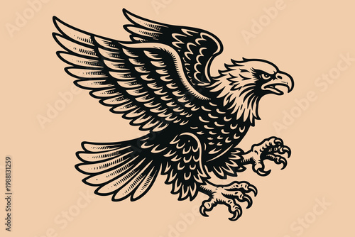 Schilderij op canvas Hand drawn flying eagle vector illustration in bold vintage engraving style with