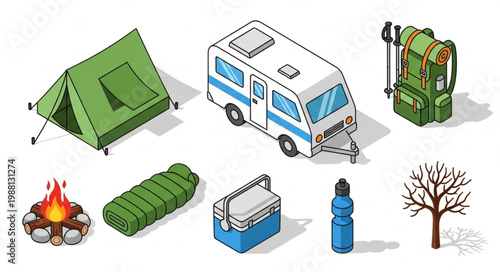 Camping and outdoor adventure equipment isometric icons.