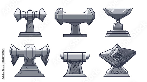 Collection of stylized, pixelated, gray metallic objects, displayed on a clean, white background