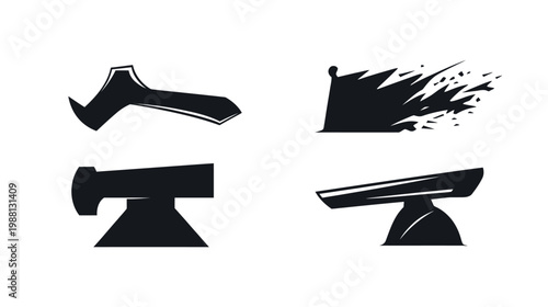 Four black-and-white geometric icons, including axe and abstract shapes, on a white background