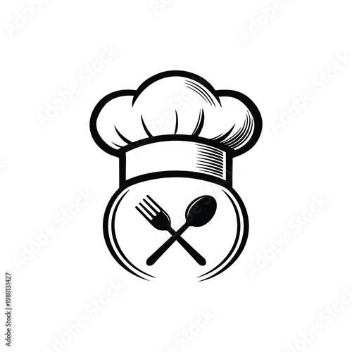 A black and white image of a chef's hat, and two spoons placed horizontally underneath it, representing the design elements of the kitchen, cooking, and culinary arts.