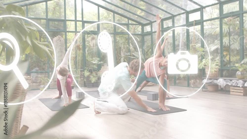 Vertical video: Instructor placing hand by student's foot guiding pose, causing UI icons sliding