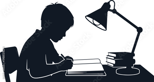 Child studying at desk with lamp and books silhouette.