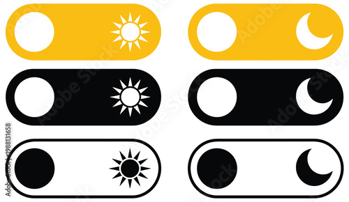 On/off toggle switch icon set, dark mode and light mode switch buttons, day and night mode vector illustration for application settings, theme customization, and digital interface design.