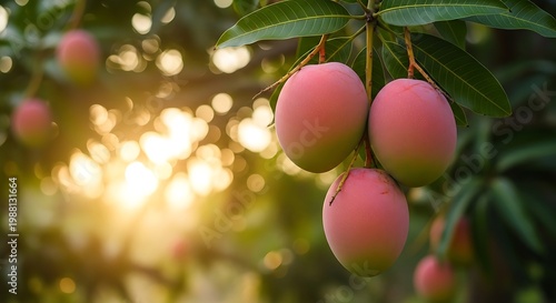 Ripe mangoes hanging from a tree branch at sunset fruit