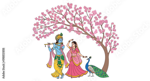Krishna and radha with peacock under a blossoming pink tree