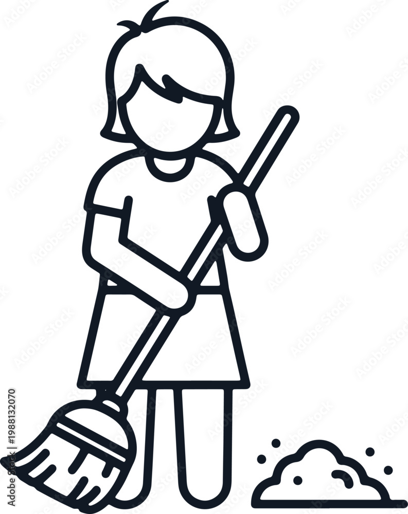 Fototapeta premium Woman sweeping with broom collecting dirt pile domestic chore household task hygiene cleaning up floor.
