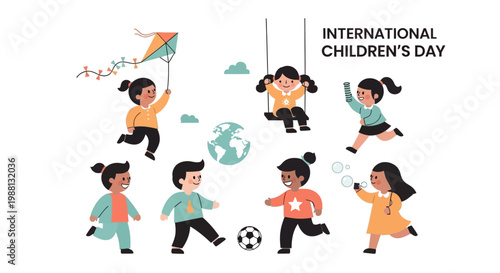 Children playing soccer around a globe for international day.