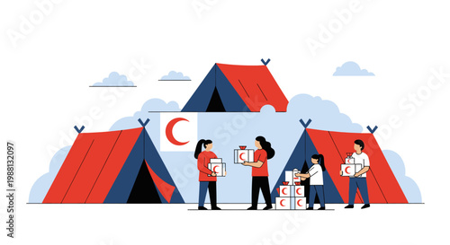 Group Camping Scene With Tents And Campers.