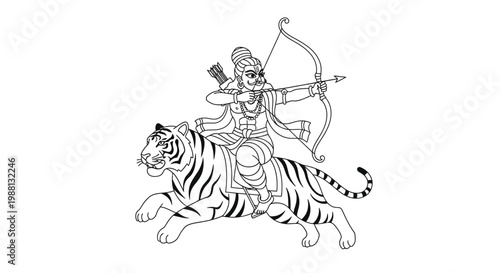 A warrior on a tiger prepares to shoot an arrow with a bow