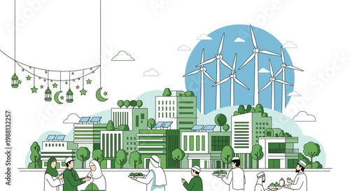 Sustainable Green City Skyline With Wind Turbines.