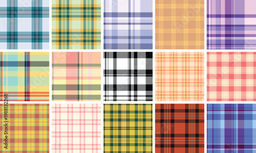 Seasonal plaid pattern set inspired by sunny vacations. Suitable for dresses, casual shirts, tote bags, and table decorations. Seamless vectors maintain consistency.