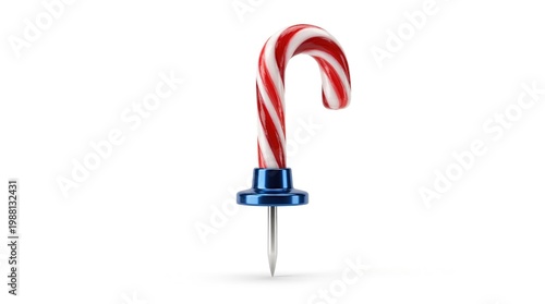 3D red and white candy cane on blue pushpin isolated on white background