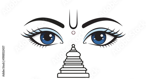 Stylized depiction of eyes and a tiered stupa in black and white