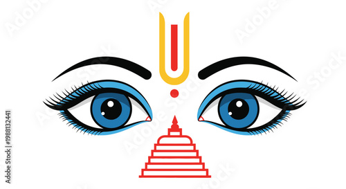 Stylized face with large eyes nose and tilak symbol design