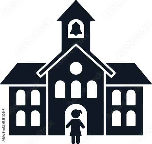 Little girl standing in front of school building with bell tower education learning knowledge institution building.