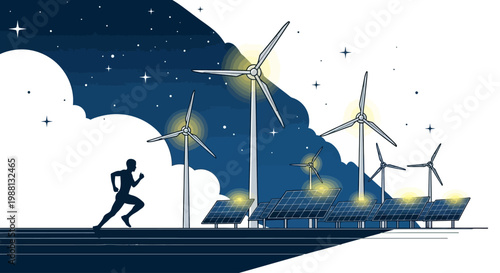 Running Silhouette At Wind Turbine Pier.