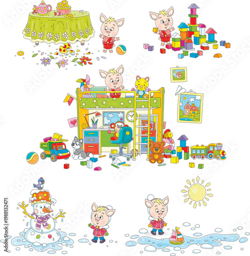 Little piglet playing with toys in its playroom, walking in a spring park with melting snow, romping near a table with a vase in a kitchen, a set of vector cartoon illustrations