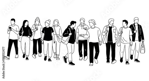 Diverse group of people walking together in a line.