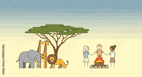 Elephants Lions Giraffes And People Around Campfire On Savanna.