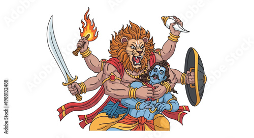 Narasimha avatar of vishnu defeating hiranyakashipu in a fierce battle