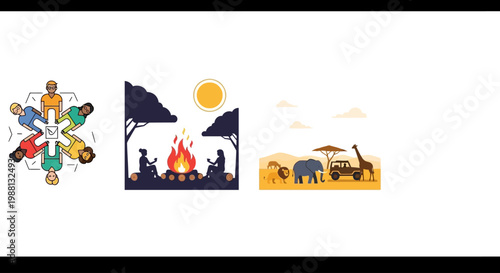 Nighttime Desert Campfire Scene with Desert Caravan and Moon.