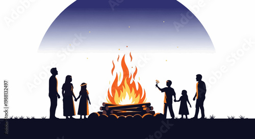Silhouetted Campfire Gathering Around A Central Flame At Night.