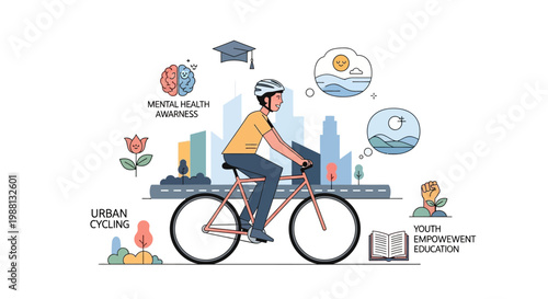 Vector illustration of a young man cycling with mental health and education awareness symbols