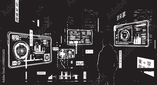 Cyberpunk cityscape with futuristic screens and silhouette