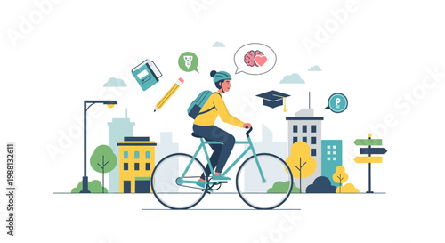 Student Riding Bicycle Wearing Backpack.