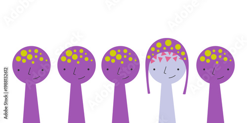 Neurodiversity concept. Masking and hidden differences. Group of similar people with one person different inside, symbolizing autism, ADHD and invisible diversity, identity and inclusion in society.