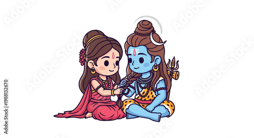 Shiva and parvati depicted in a colorful illustrative cartoon style