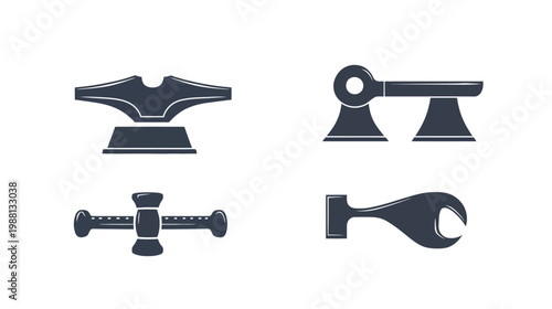 A collection of four simple, monochromatic vector illustrations of tools against a white background